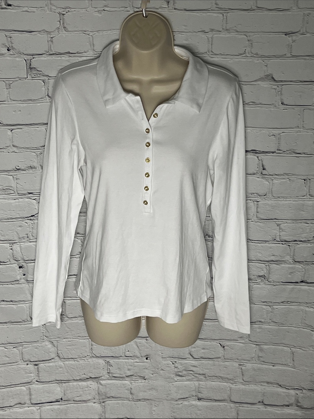 Lilly Pulitzer White Long-Sleeve Henley with Gold Buttons